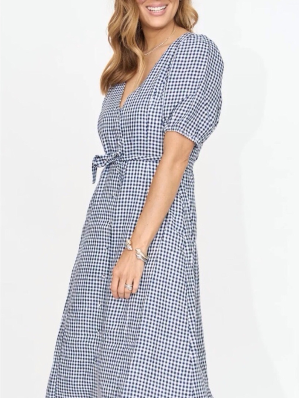 Sophie Rue / Linen Gingham Button-Front Maxi Dress - Black/White - Sz L